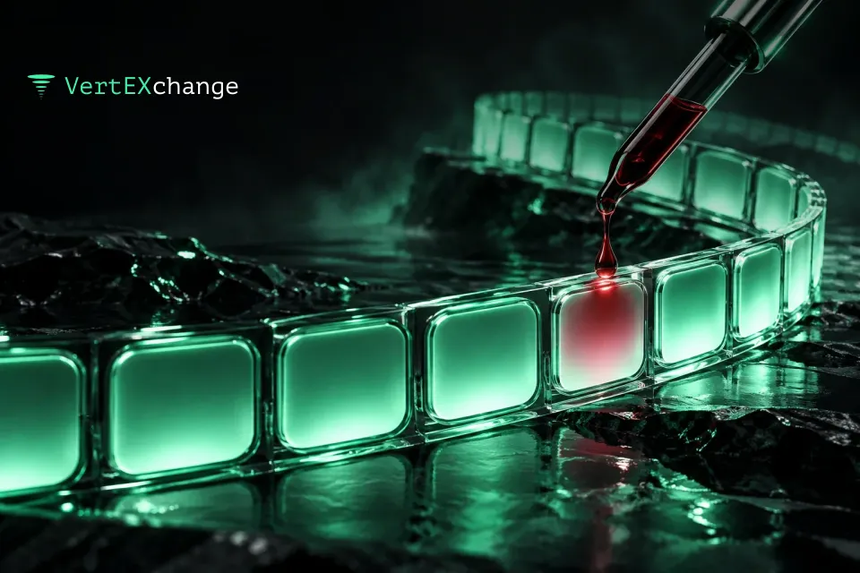 A pipette drops a bead of dark red liquid onto one of the identical glowing tiles of a glass ribbon