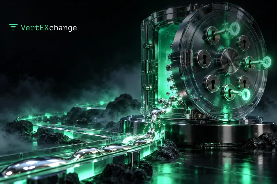 A glass vault with seven keyholes: three keys turned, the door ajar and a glowing stream slipping out through the gap