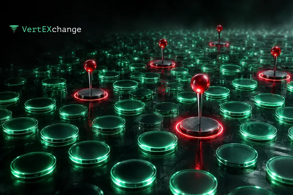 A dark glass floor scattered with coins, with chrome pins with red heads standing over a few of them like markers on a map