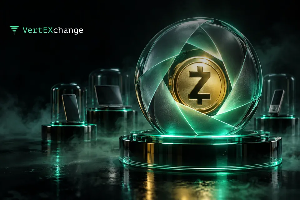 A gold Zcash coin on a glass pedestal with the petals of a frosted dome closing around it, and a phone, a laptop and a hardware wallet in the background