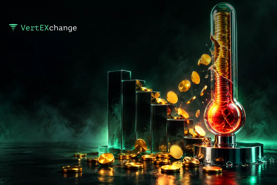 A glass thermometer filled with glowing coins cracks, and the coins spill down a glass staircase shaped like a chart