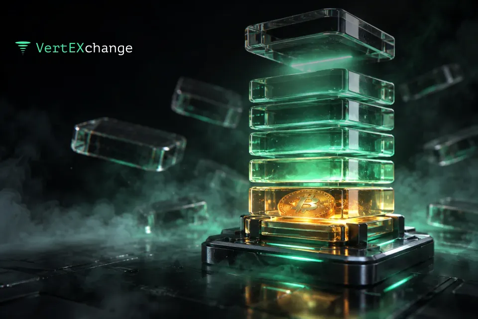 A stack of six glass slabs with an orange coin sealed in the bottom one and the top slab still settling into place