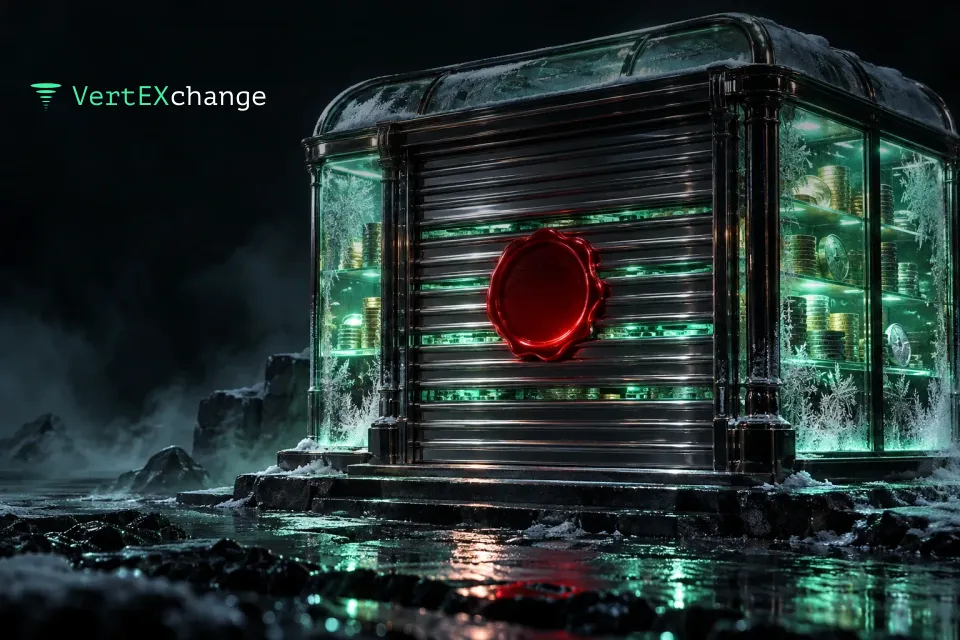 A glass trading pavilion with a lowered chrome shutter, coins glowing through its slits, and a red seal on the shutter