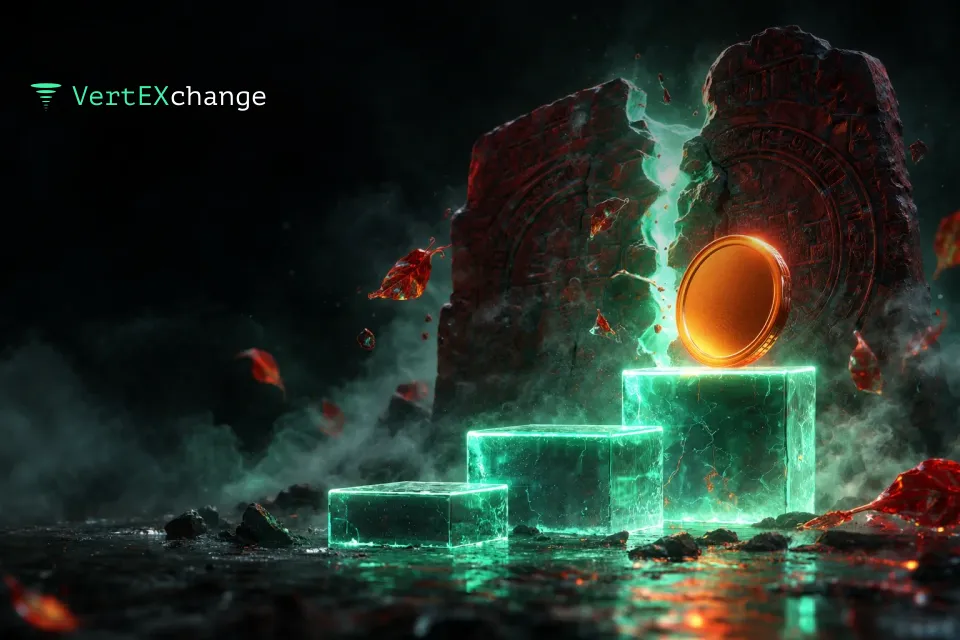 An orange coin on top of three glowing glass steps, with a cracked red stone slab behind it and mint-green light pouring through the crack
