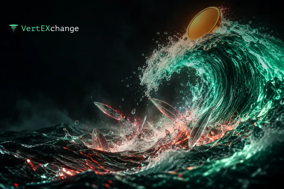 A glass wave breaks with a glowing orange coin on its crest, while empty glass surfboards tumble and shatter in the foam below