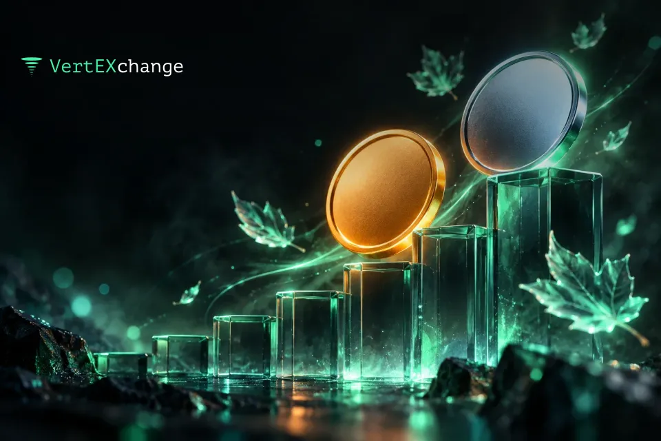 An orange coin and a silver coin climb the glass steps of a chart as glowing autumn leaves swirl around them