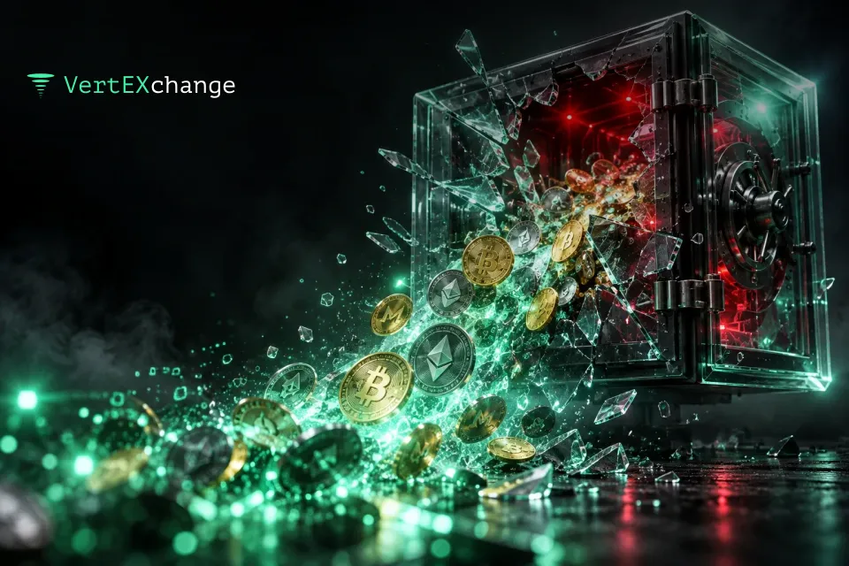 A shattered glass vault with crypto coins spilling out