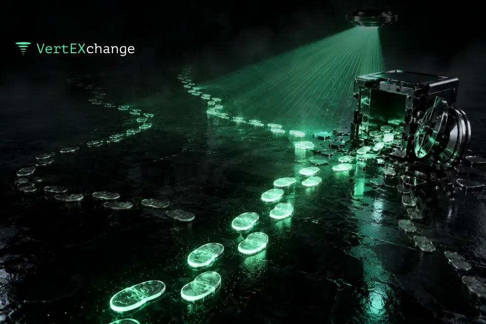 Four trails of glowing footprints lead away from an open chrome strongbox across a black glass floor, lit up by a mint-green scanning beam