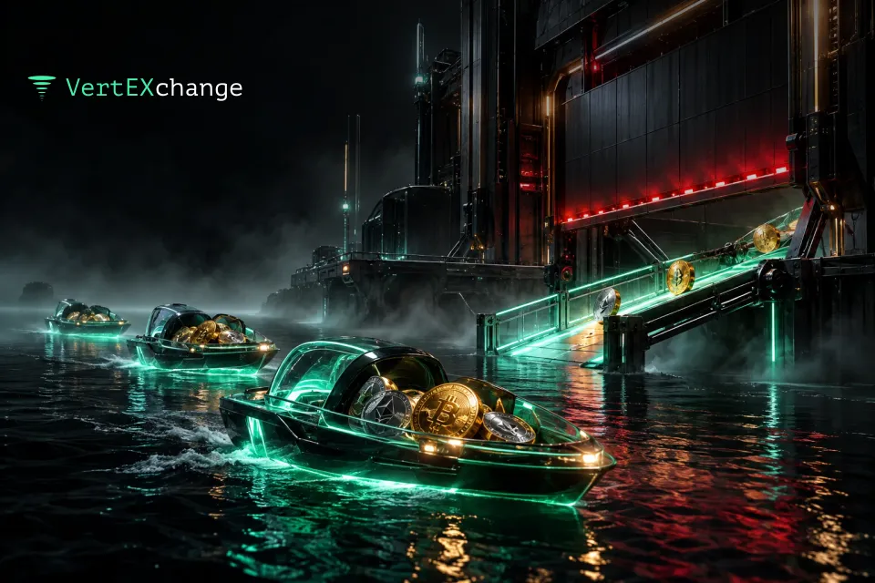 The gate of a night ferry terminal slowly lowers as the last coins roll down the gangway onto small glowing boats
