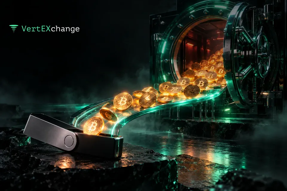 An open vault door with coins rolling out along a glowing bridge into a hardware wallet