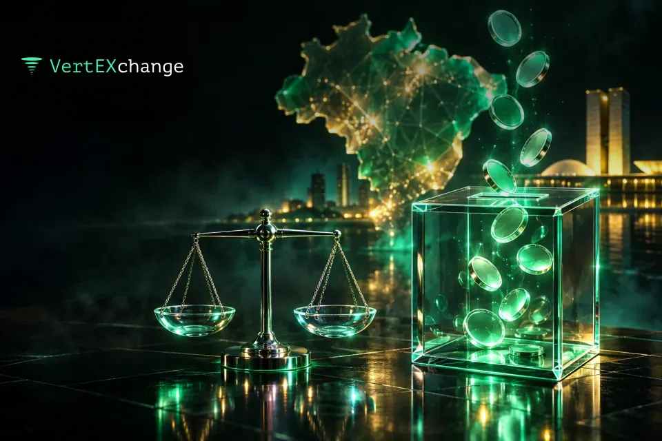 A glass ballot box with glowing coins rising from its slot, and a glass map of Brazil behind it
