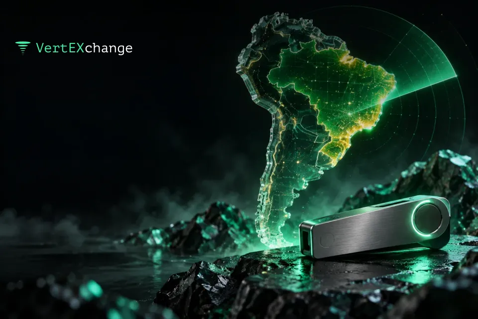 A transparent map of South America with Brazil highlighted and a hardware wallet