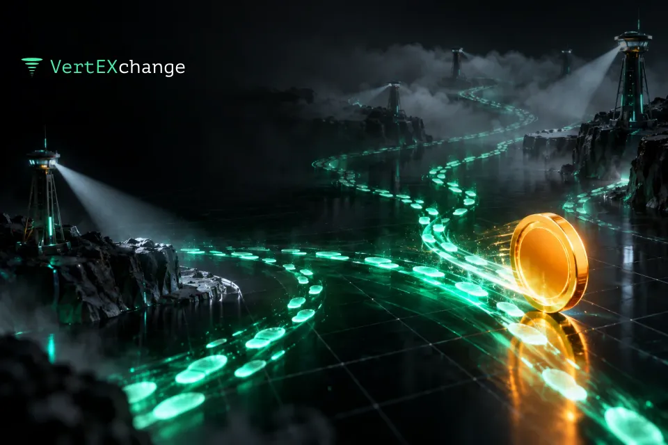 An orange coin rolls across a dark glass floor, leaving glowing trails watched by spotlights from chrome towers