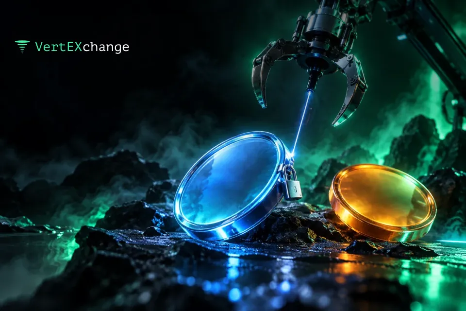A blue glass coin with a chrome lock set in its rim, a glowing cable running from it through the fog to a distant chrome crane, and beside it a second coin lying free, with no cable attached