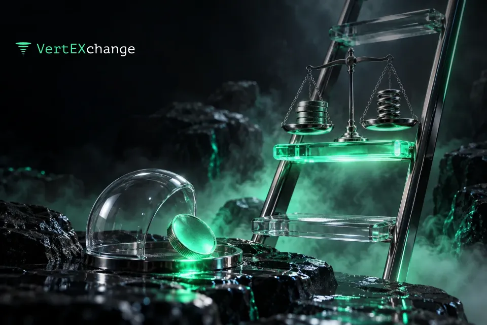 A chrome ladder with three glass rungs rising into the fog, a glowing scale with coins and a spring on the middle rung, and one coin resting calmly under a glass dome in the foreground