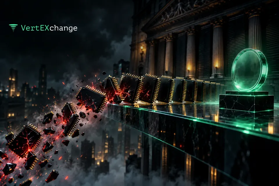 Black microchips tumble off a narrow glass ledge and scatter into red sparks in front of a closed stock exchange building