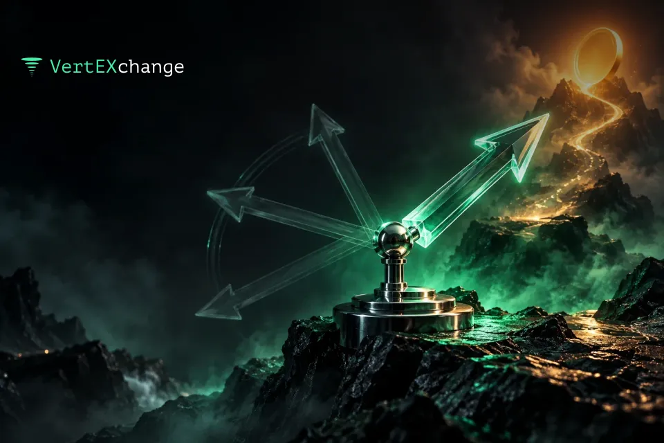 A glass weathervane arrow turns upward toward a distant glowing orange coin, with ghostly traces of its earlier positions visible behind it