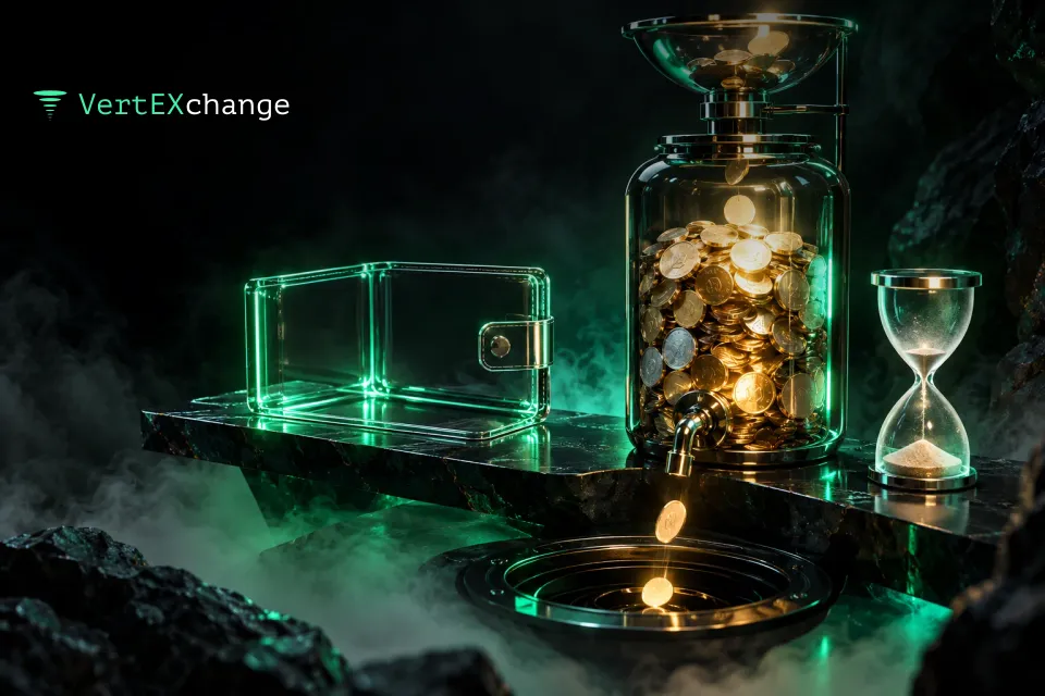 A glass jar of coins with coins dripping out one by one through a tap at the bottom, next to a nearly empty hourglass and an open empty wallet