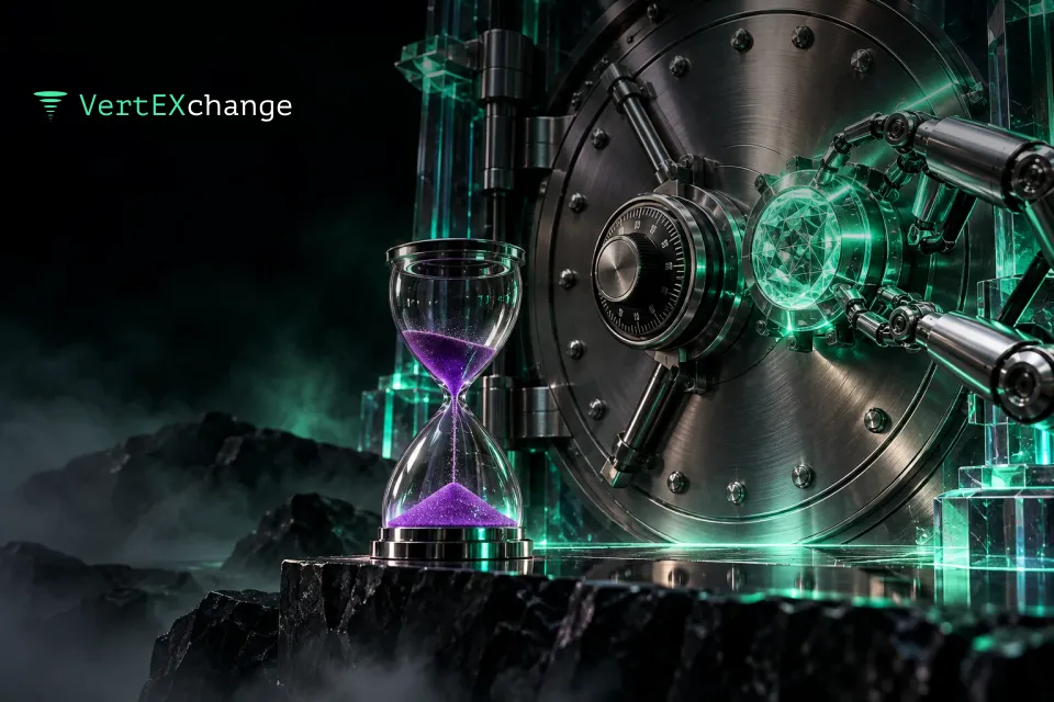 A massive chrome vault door with an old combination lock, a robotic arm fitting a new glowing lock next to it, and an hourglass with purple sand in front of the door