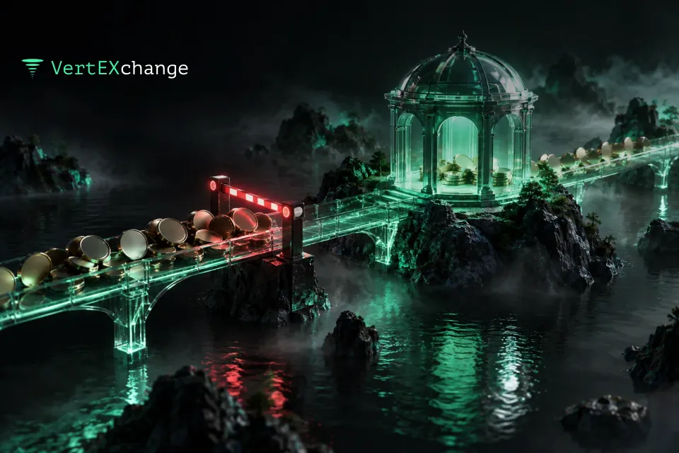 Dark islands in black water, a bridge with coins leading to a glowing glass pavilion is blocked by a red barrier, while coins leave freely over a second bridge