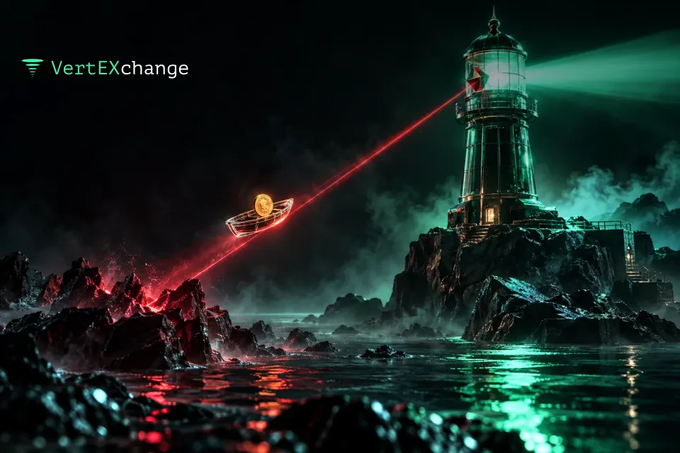 A dark glass lighthouse whose beam a red prism bends toward the rocks, where a boat carrying a gold coin is heading