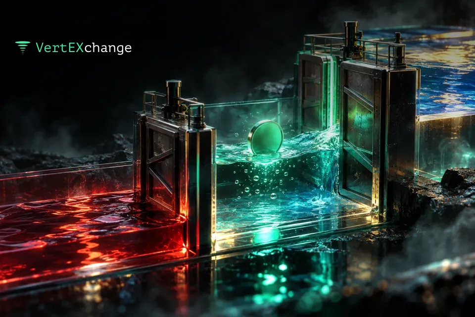 A coin rises in a glass canal lock between a red channel and a blue-and-gold one as the right gate opens