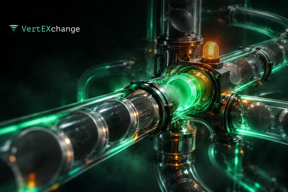 A network of glass pneumatic tubes with a glowing mint coin capsule stuck at a junction behind dim capsules and an amber light on the valve