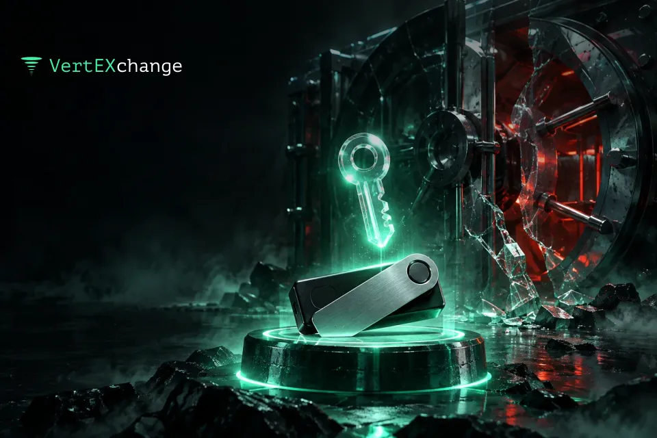 A hardware wallet on a glowing pedestal and a key made of light, with a cracked exchange vault in the background