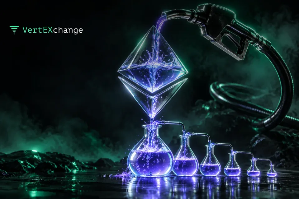 A chrome fuel nozzle pours glowing violet liquid into a glass vessel shaped like the Ethereum logo, with a row of smaller flasks beside it