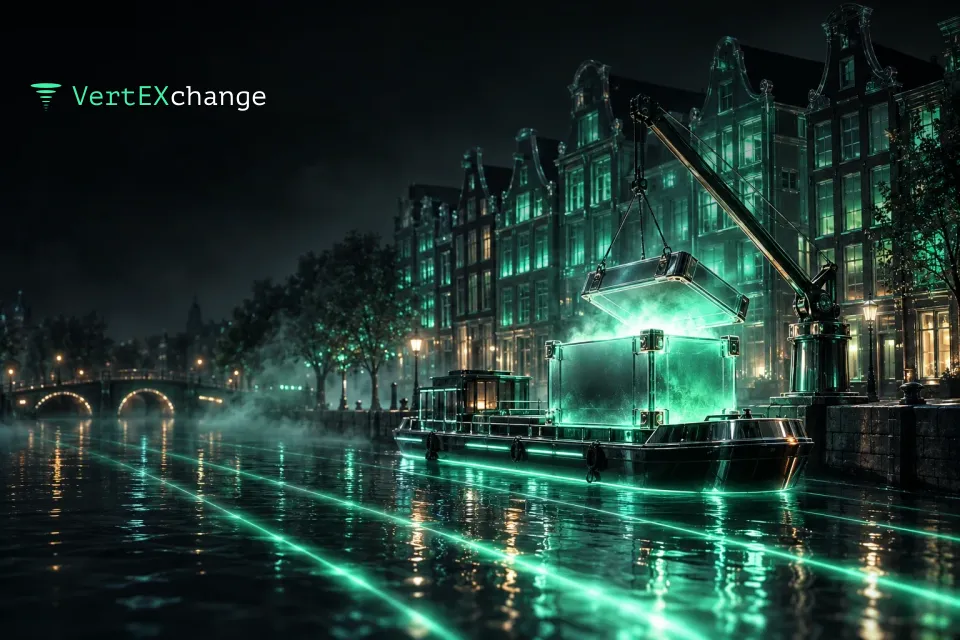 Glass Amsterdam canal houses and a barge carrying a sealed crate whose lid is being lifted by a chrome crane