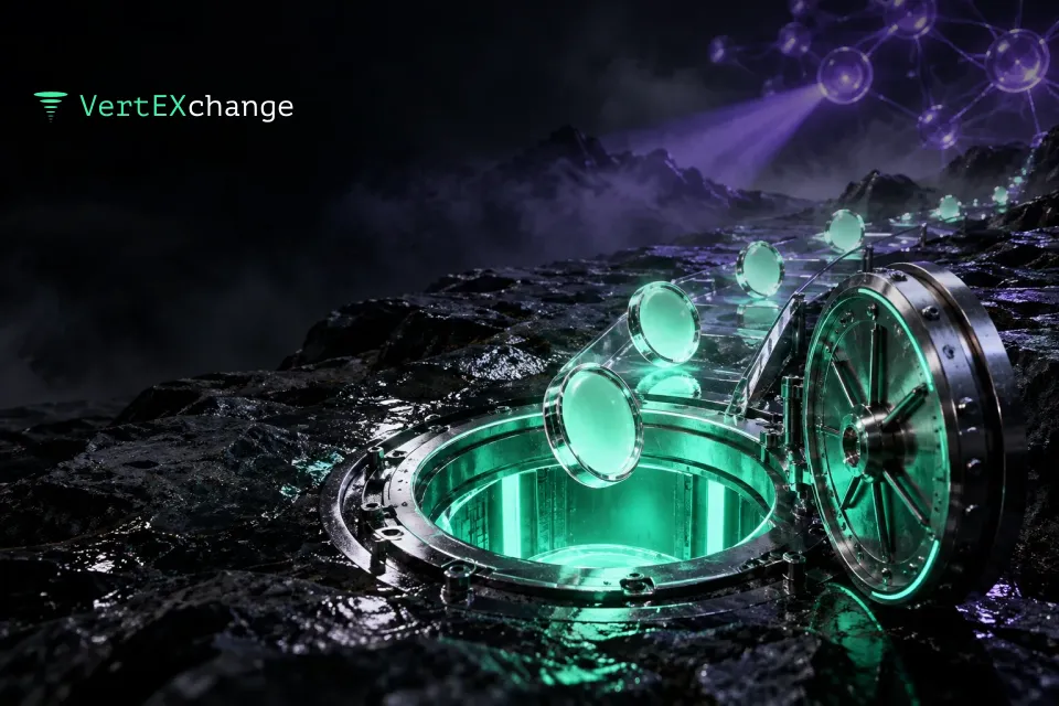 Coins roll into the open hatch of a chrome bunker while a violet quantum lattice glows in the fog above them