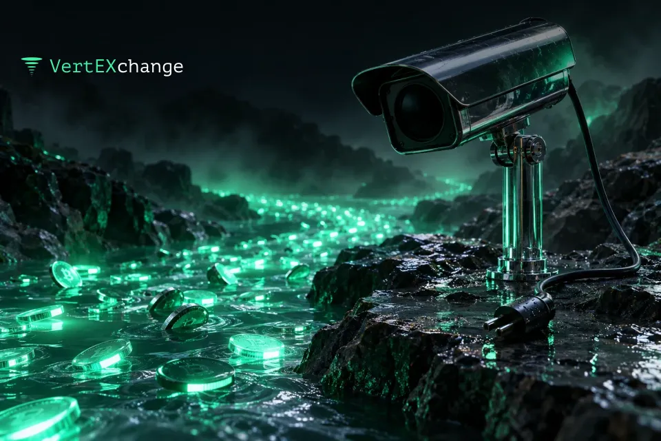A chrome surveillance camera on a glass pole with its cable unplugged and a dark lens, while a river of glowing mint coins flows freely behind it into the fog