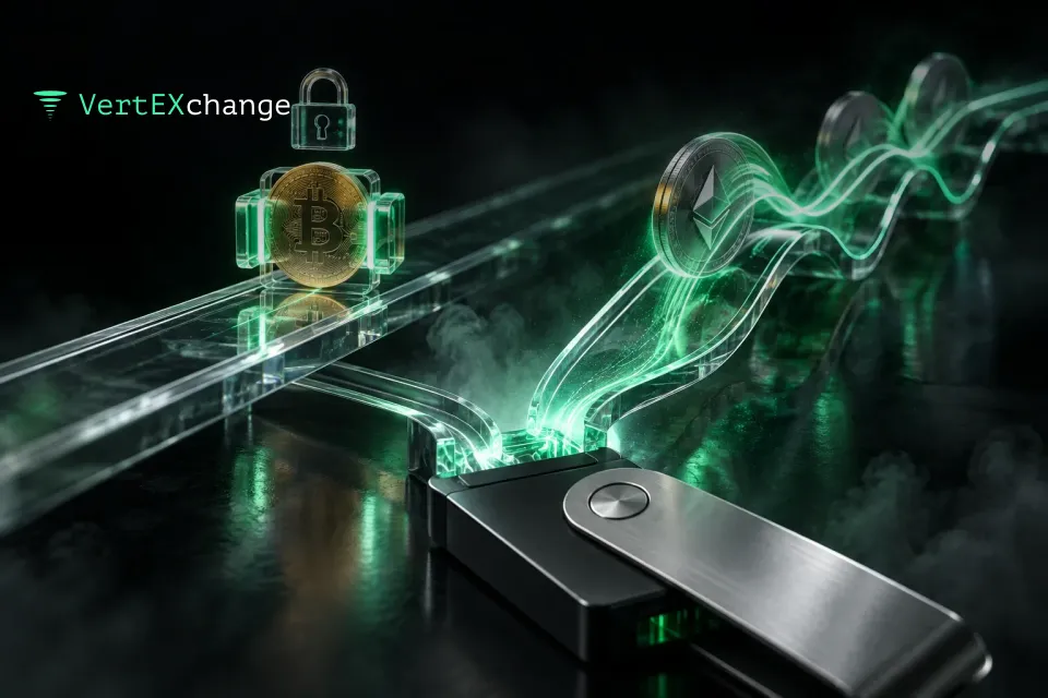 Two glass rails: one coin locked on a straight track, another drifting along a wavy one toward a hardware wallet