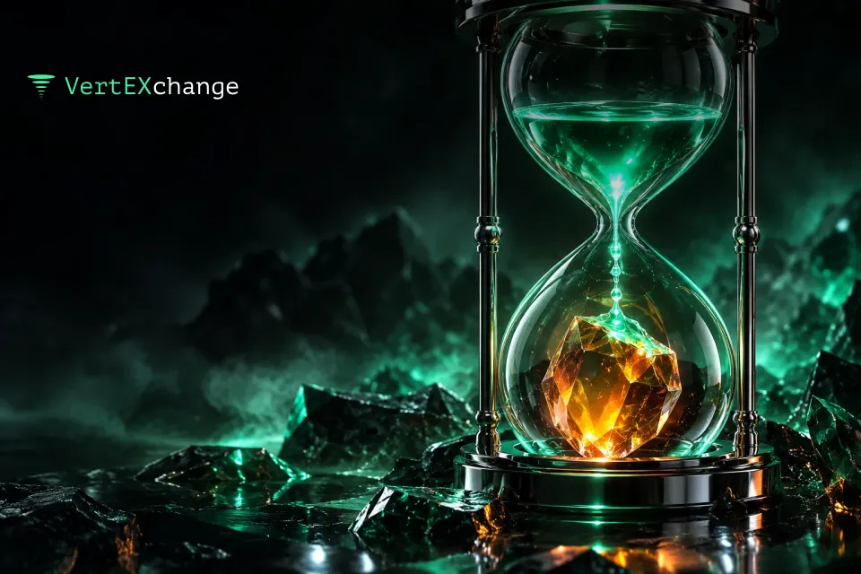 Glass hourglass: glowing mint liquid flows down and solidifies into an amber-orange crystal