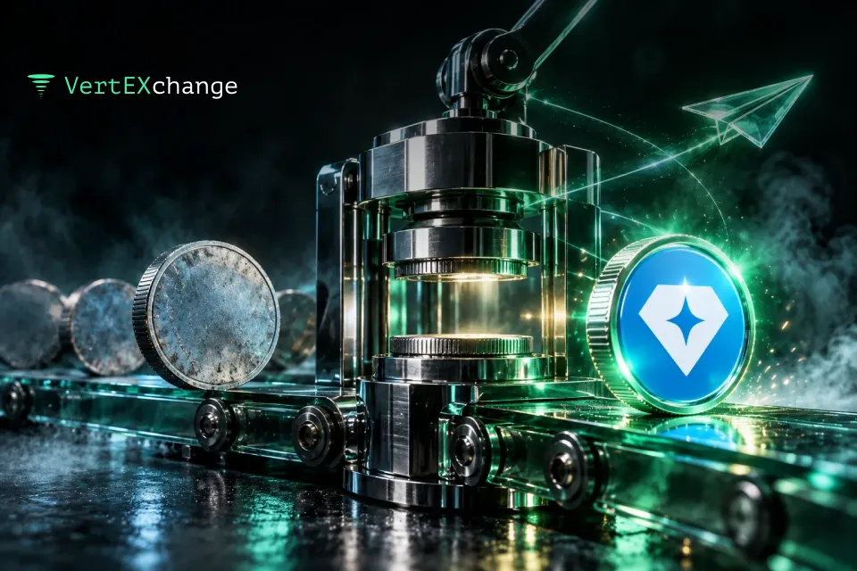 A worn coin goes into a glass minting press and comes out as a new coin with the GRAM logo, a white gem with a star on blue