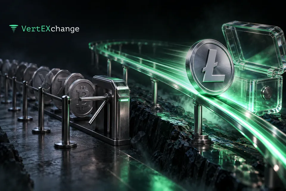 A silver glass coin speeds along a glowing high-speed rail past a slow queue toward a glass wallet