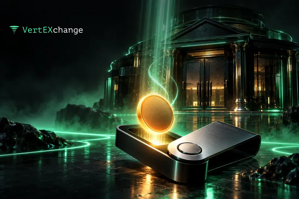 A closed dark-glass exchange building, with a coin dropping into an open hardware wallet in the foreground