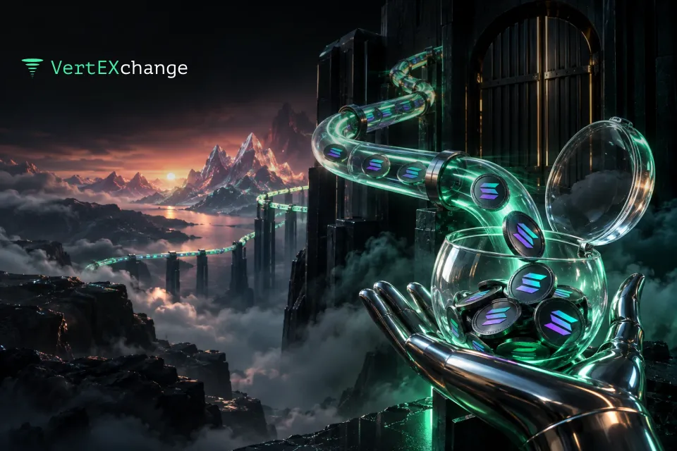 A glass capsule on a chrome palm-shaped stand catches a stream of Solana coins from a glowing tube that runs past a dark building with closed gates, mountains in dawn light far behind