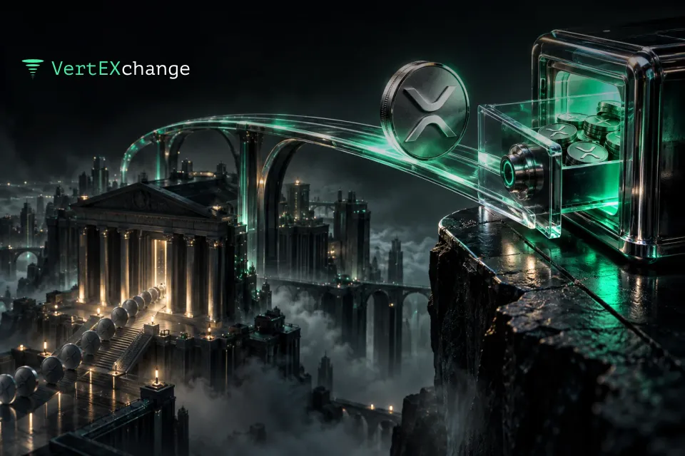 A chrome XRP coin glides along a glass rail straight into a personal safe, passing over an exchange building with a queue of coins below