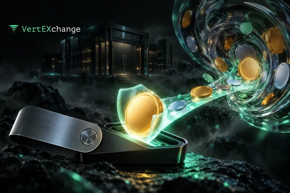 A gold coin leaves a whirlpool of coins over a mint-green bridge into a hardware wallet