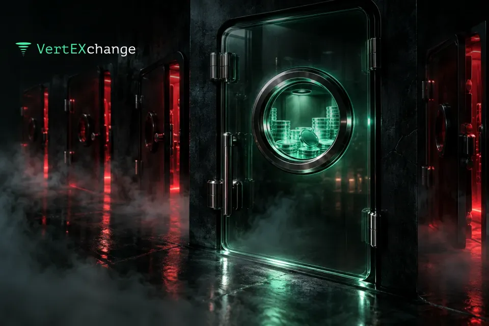 Glass door with a glowing mint peephole showing a verified room full of coins