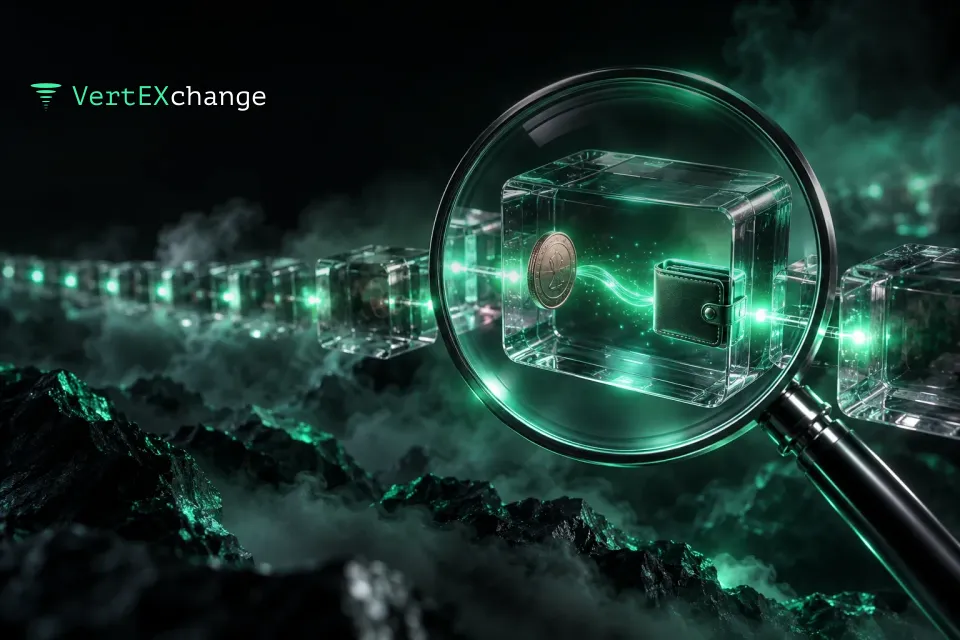 A glass magnifier over a chain of transparent blocks; inside one block, a coin's path to a wallet glows
