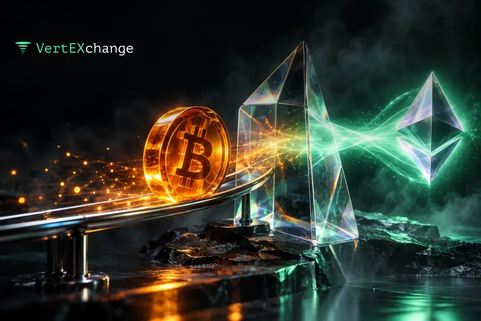 An orange glass bitcoin coin enters a prism and comes out as a silver-violet ether crystal