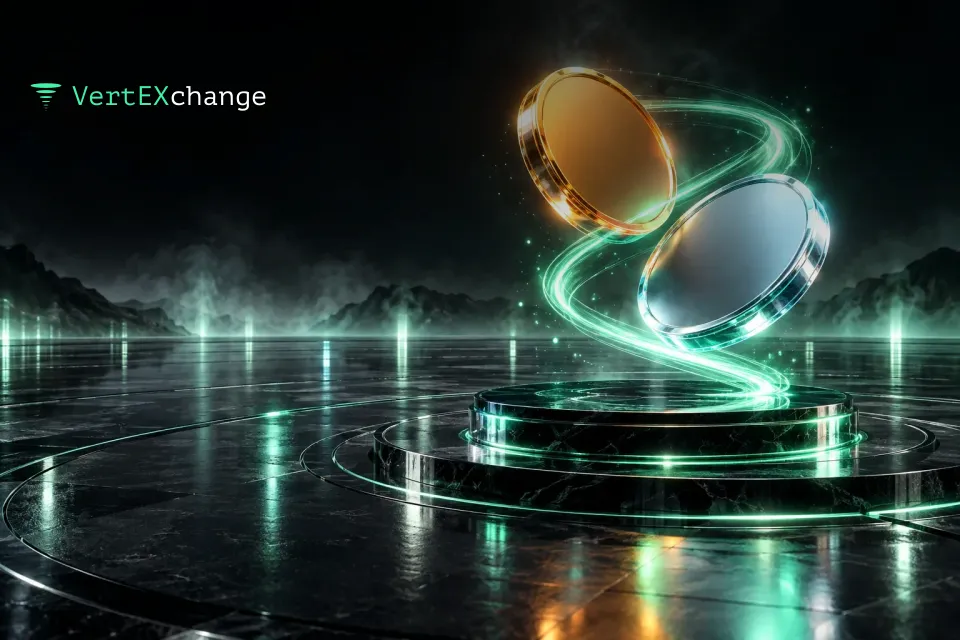 Two glowing coins swap places above a glass pedestal in the middle of an empty plaza with no doors or barriers