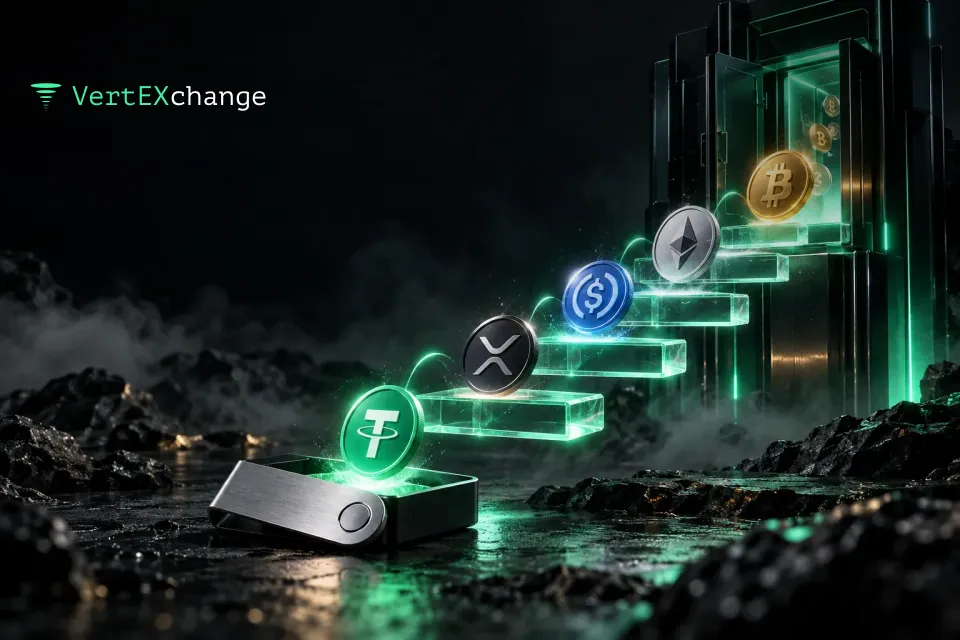 A staircase of glowing glass steps runs from an exchange tower down to a hardware wallet, with coins making their way down it