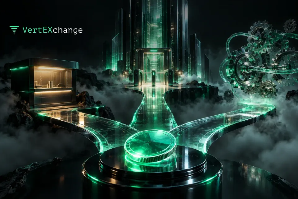 A glowing mint coin on black glass at a fork of three translucent paths leading to a glass tower with a turnstile, a small lit kiosk window and a floating lattice of chrome gears