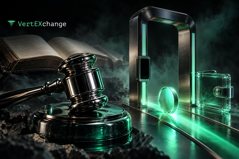 Chrome judge's gavel on a glass sound block next to an open gate with a switched-off ID scanner, a glowing coin rolling through the gate