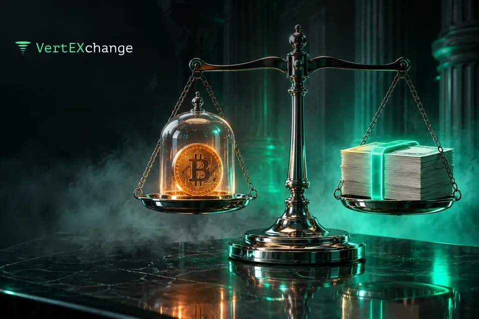 A gold coin under a glass dome on a chrome scale pan, with a stack of paper banknotes on the other pan