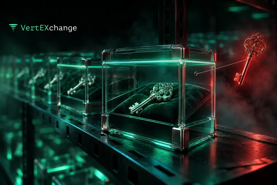 A glass box with a chrome key inside, while its red-glowing double hangs in the fog outside