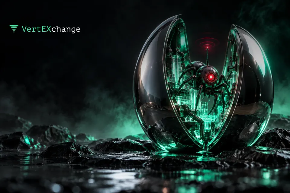 An opened chrome egg with a mechanical spider inside, sitting among glowing circuits with a red light and an antenna